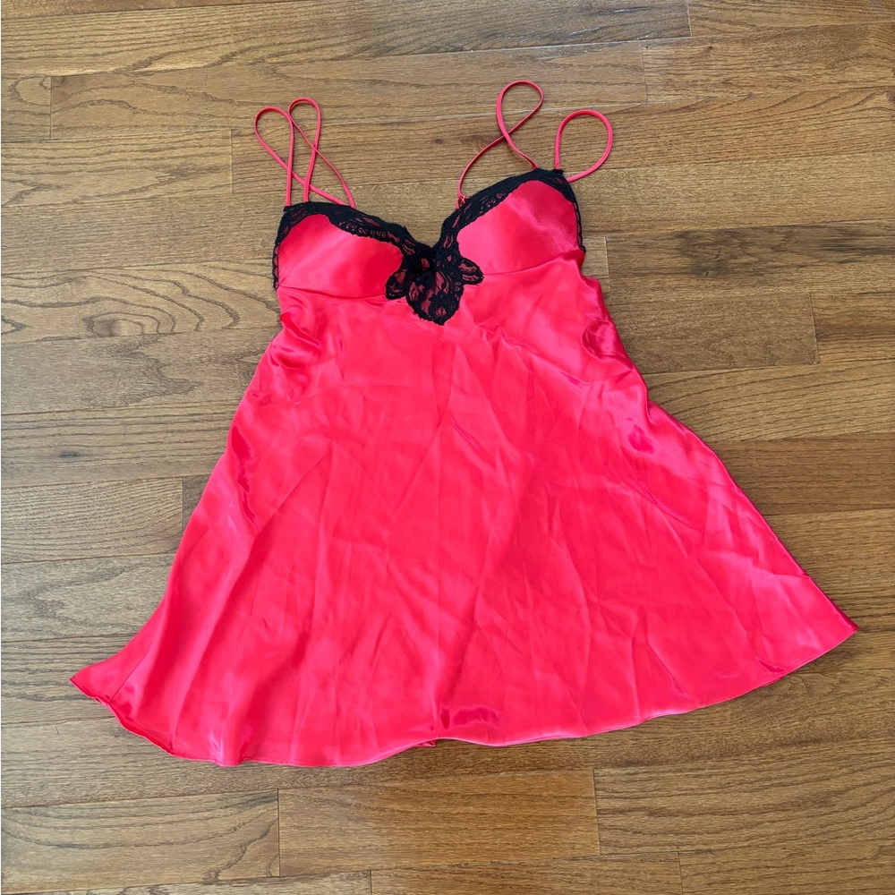 Victoria’s Secret Hot Pink Satin Chemise with Black Lace Trim